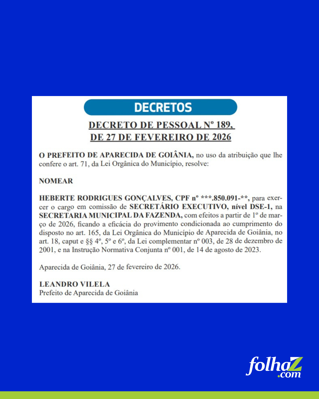 Leandro nomeia novo secretário em Aparecida de Goiânia 