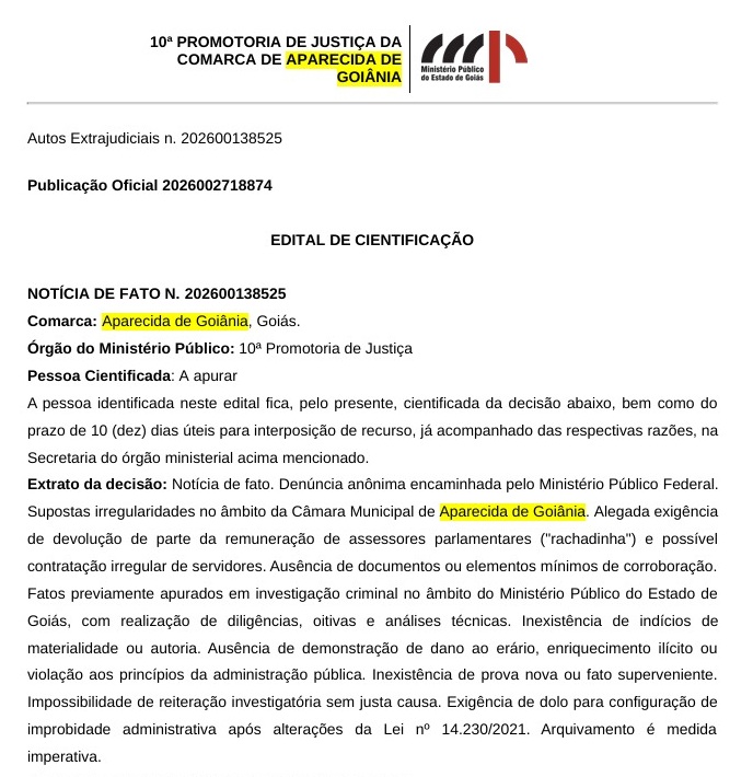 Rachadinha vereadores Aparecida de Goiânia